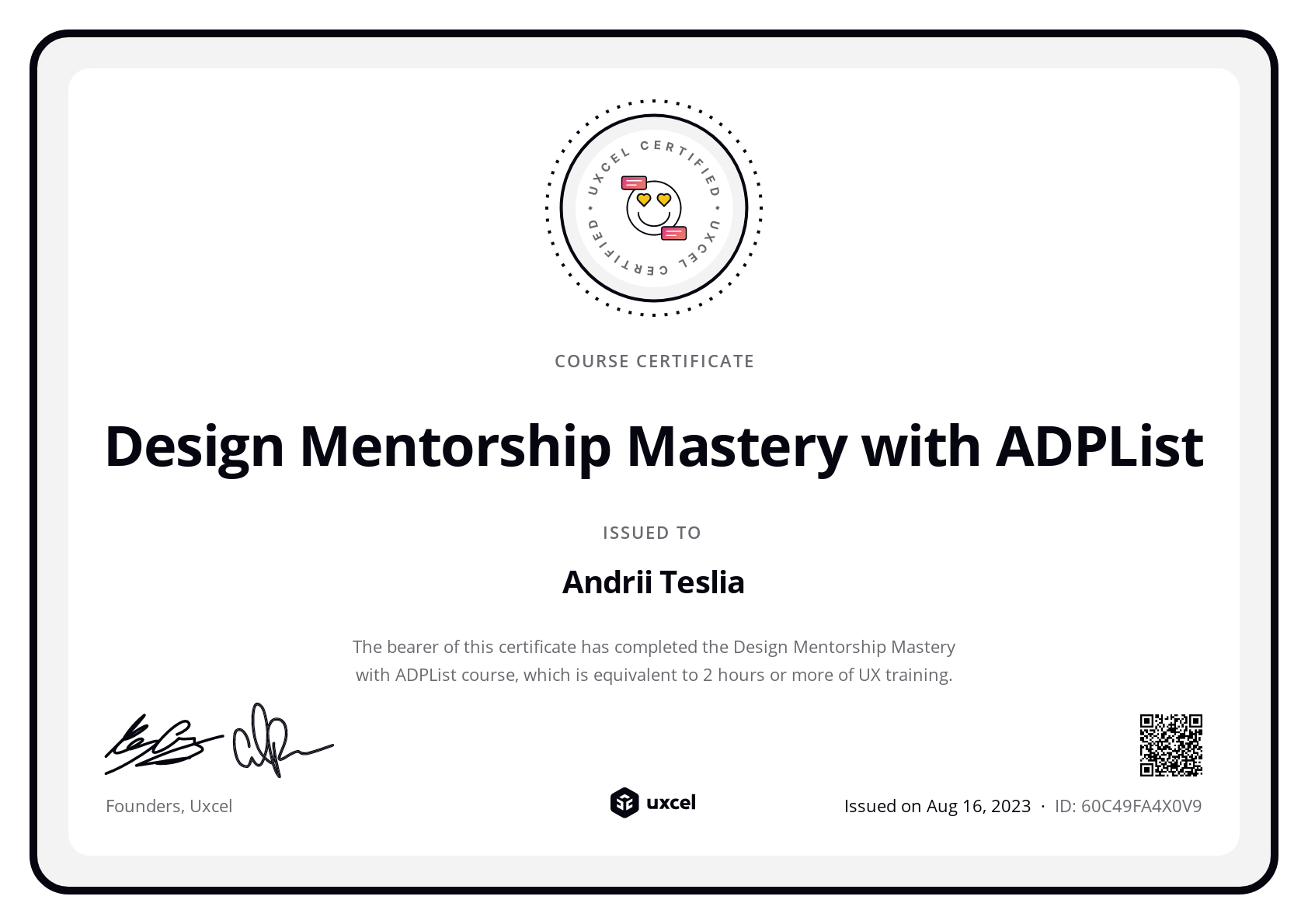 Andrii Teslia's certificate